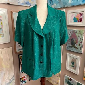 Vintage Prophecy Emerald Green Floral Textured Button Front 90s Blouse 20W Artsy